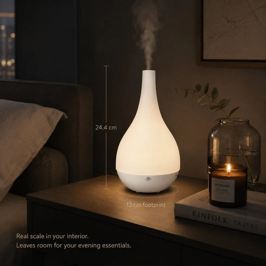 Dyfuzor zapachowy Comet 150 ml z grubego mlecznego szkła w kształcie kropli, cichą ultradźwiękową pracą do 16 godzin, timer, LED i automatyczne wyłączenie, idealny do pomieszczeń 15–35 m².