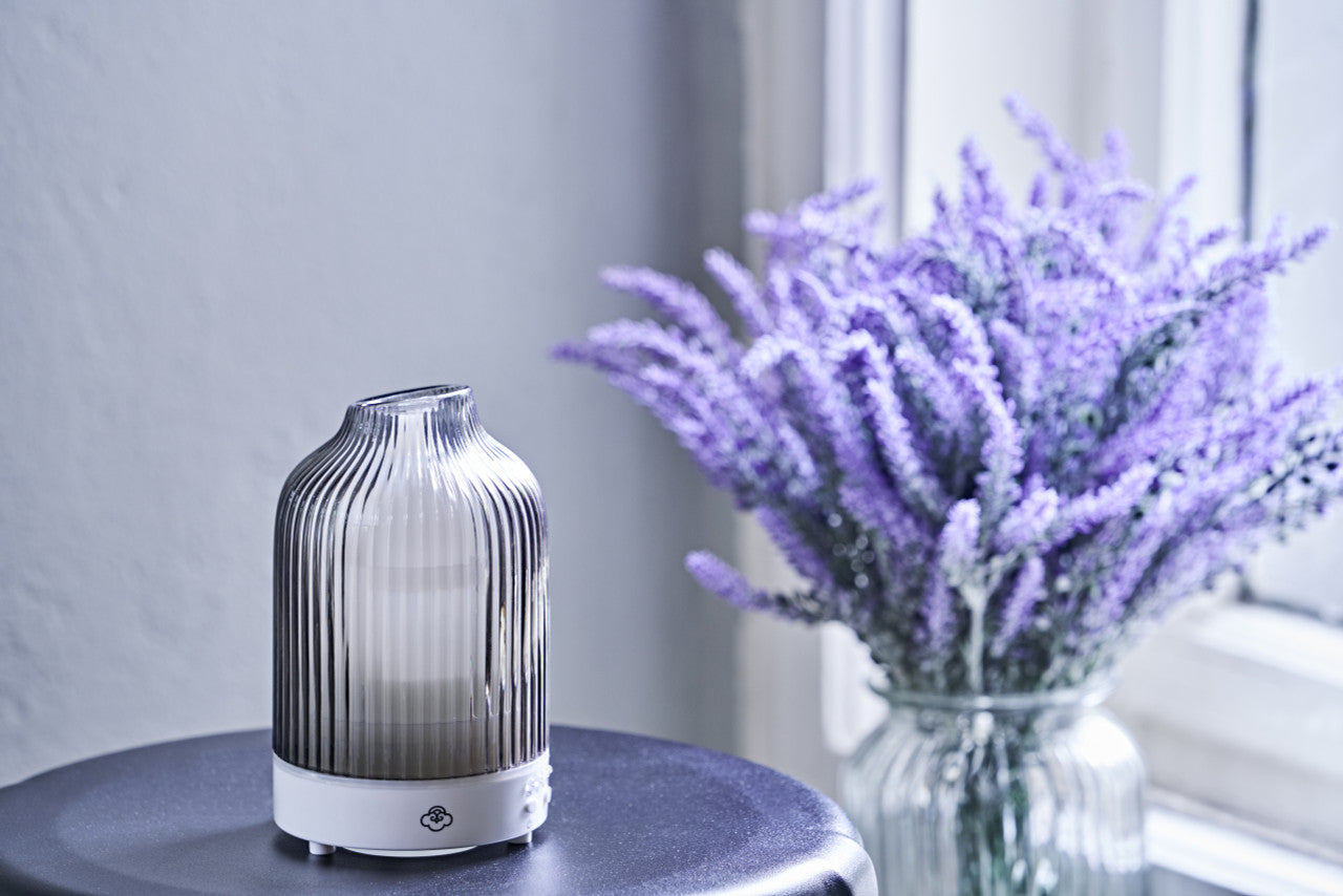 Fountain Grey Grooved Glass Ultrasonic Diffuser with Timer, On/Off Switch and LED Fountain Grey Grooved Glass Ultrasonic Diffuser with Timer, On/Off Switch and LED