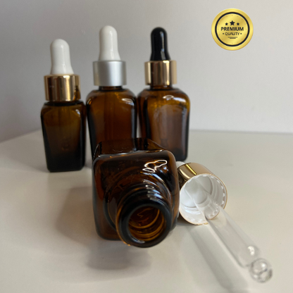 Kwadratowa butelka szklana z pipetą 20ml – brązowa