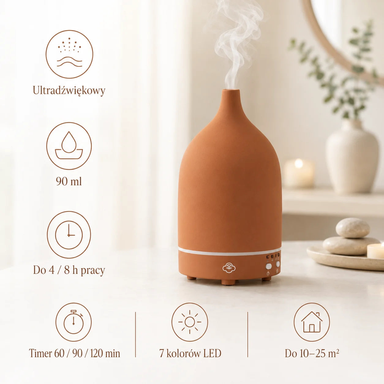 Vapor Terracotta Ceramic Ultrasonic Diffuser with Timer, On/Off Switch and LED