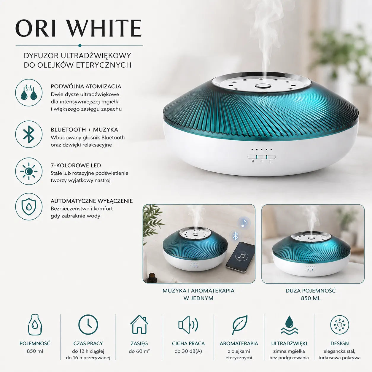 Ori White dyfuzor ultradźwiękowy z funkcją podwójnej atomizacji i Bluetooth