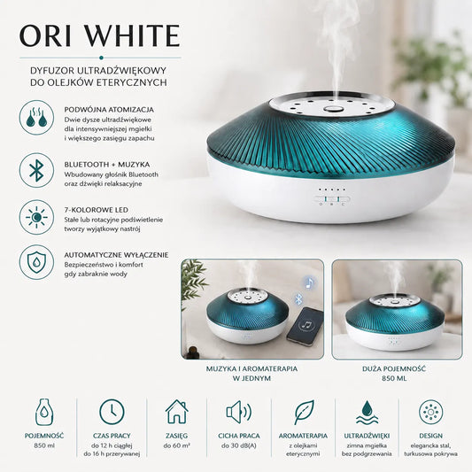 Ori White dyfuzor ultradźwiękowy z funkcją podwójnej atomizacji i Bluetooth