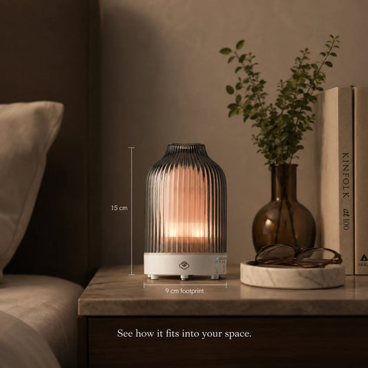 Fountain Grey szklany ryflowany dyfuzor ultradźwiękowy z timerem, wyłącznikiem i LED, aroma diffuser essential oils