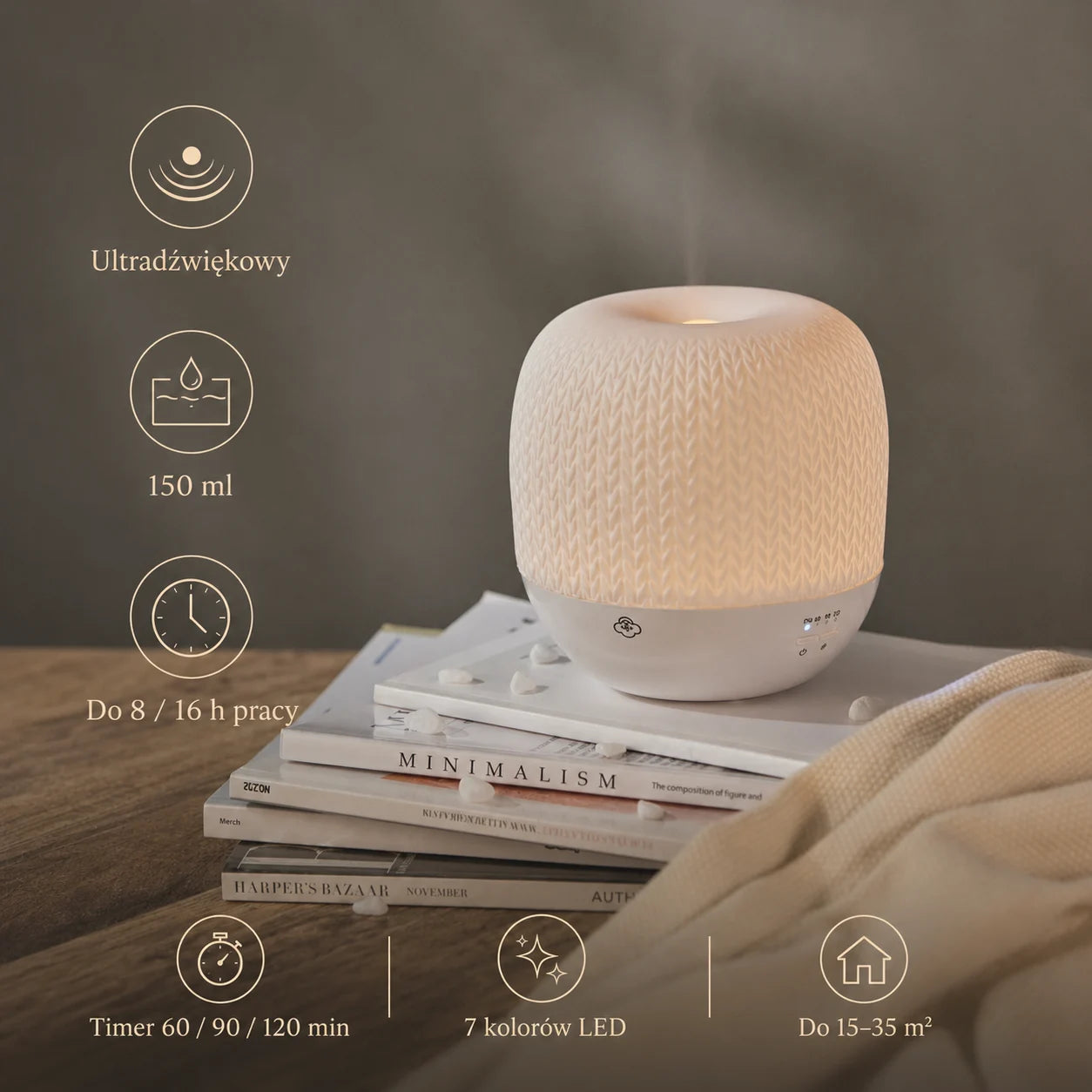 Ultraschall-Diffusor aus gestrickter Keramik mit Timer, Schalter und LED