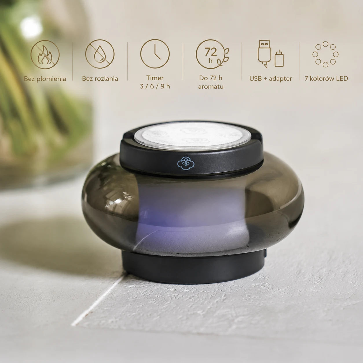 Arc Grey Szklany Podgrzewacz Wosku Zapachowego do wkładów – USB, LED, bez dymu i sadzy