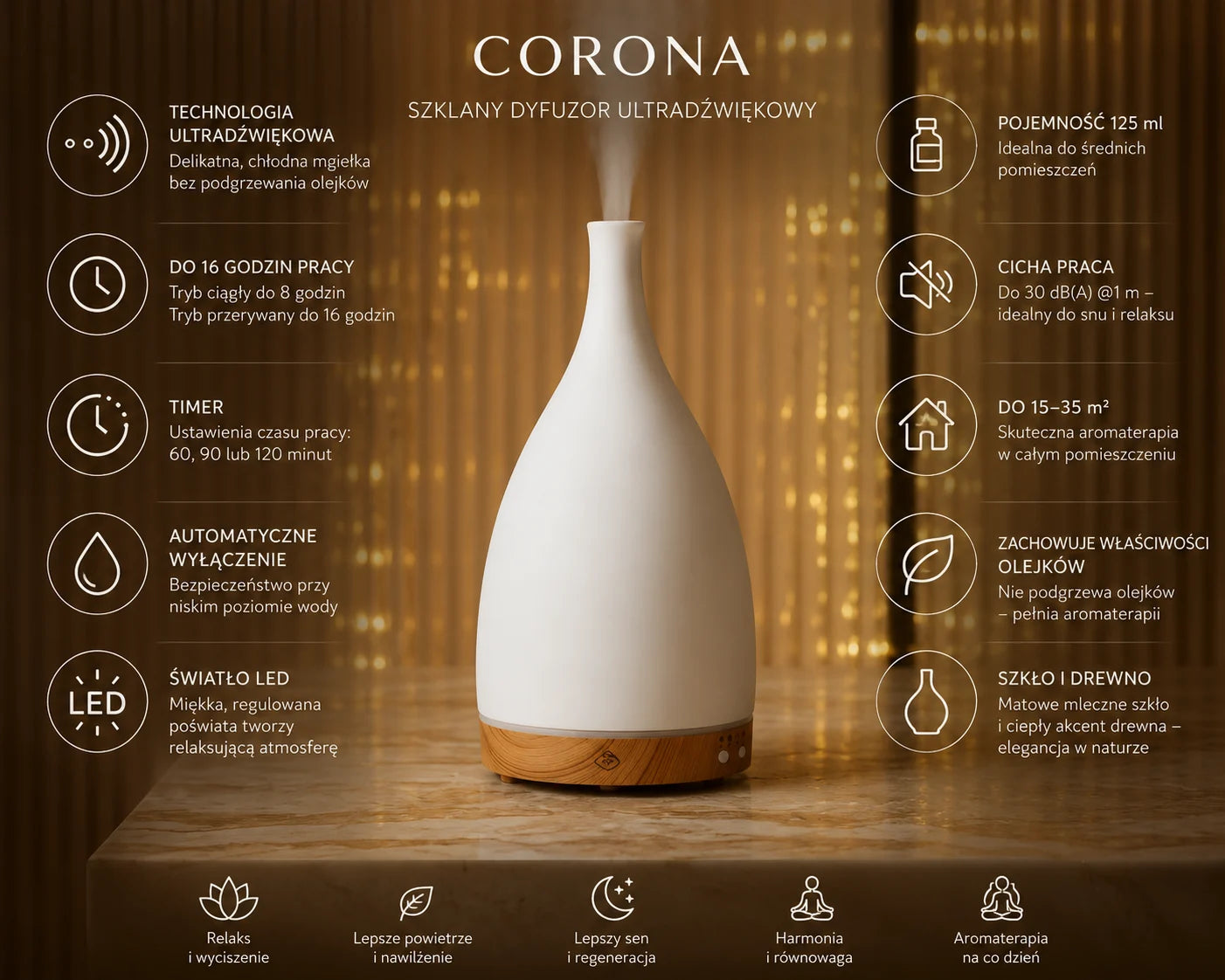 Corona szklany dyfuzor ultradźwiękowy z timerem, wyłącznikiem i LED