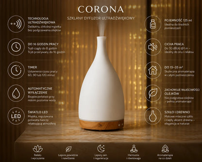Corona szklany dyfuzor ultradźwiękowy z timerem, wyłącznikiem i LED