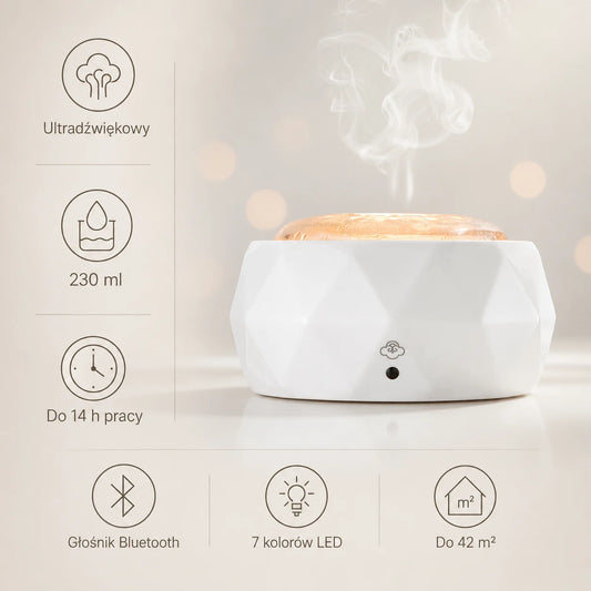 Dyfuzor zapachowy biały ultradźwiękowy Eternity 230ml wyróżnia się eleganckim, białym designem z porcelany i szkła, długim czasem pracy do 14 godzin oraz funkcją aromaterapii połączoną ze światłem LED i głośnikiem Bluetooth.