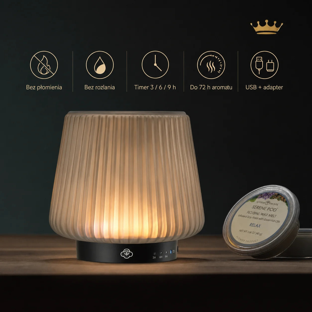 FLOW Szklany Podgrzewacz Wosku Zapachowego USB z LED i timerem – bez dymu i sadzy