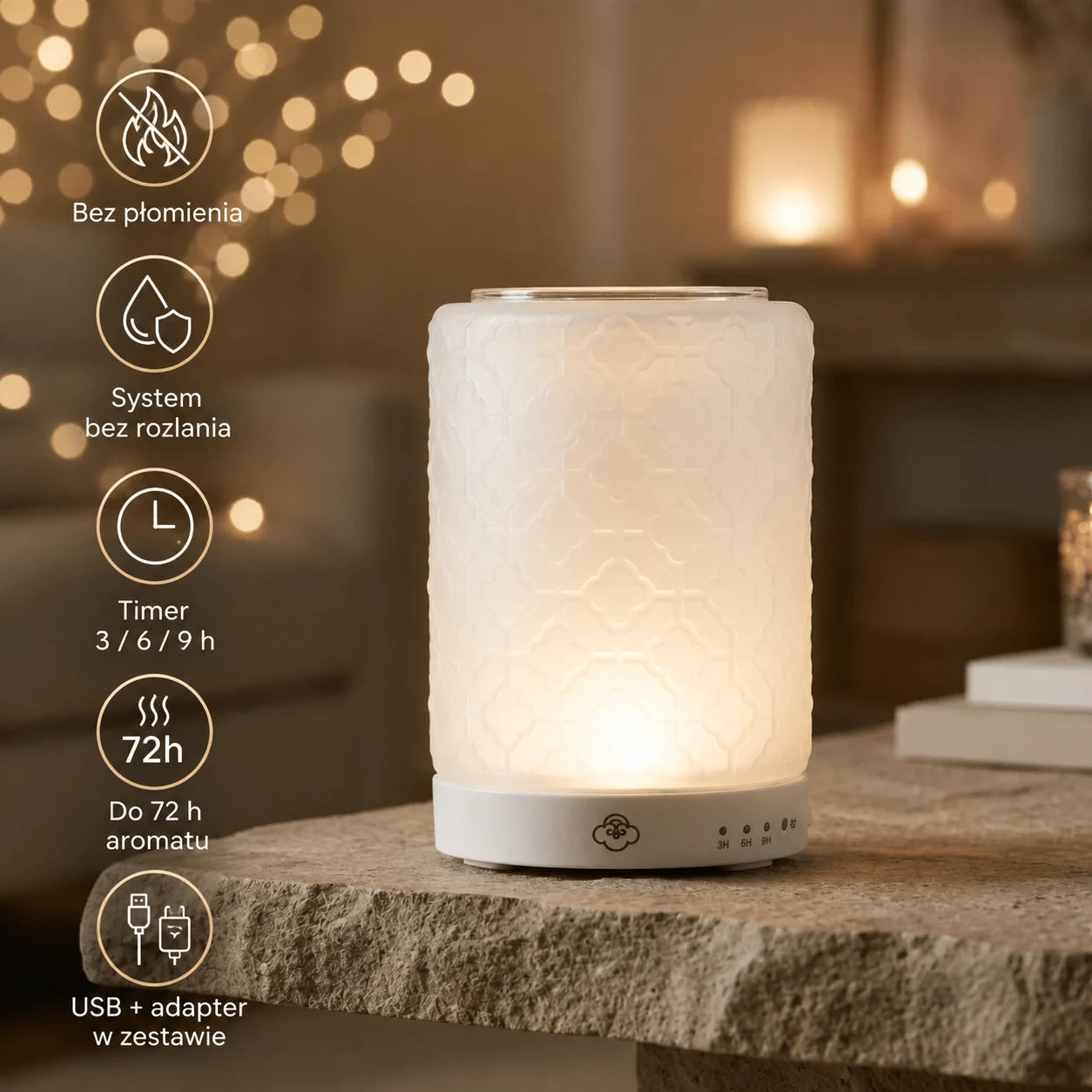Lace Szklany Podgrzewacz wosku zapachowego USB z timerem i funkcją przypomnienia