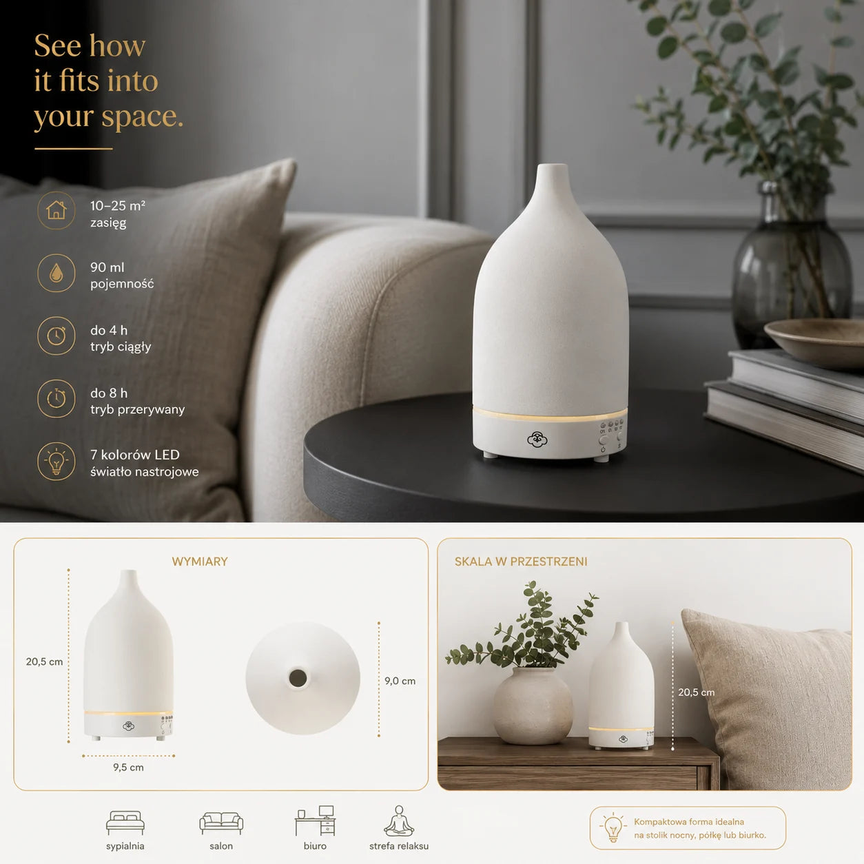 Vapor White Keramik-Ultraschalldiffusor mit Timer, Ein-/Ausschalter und LED